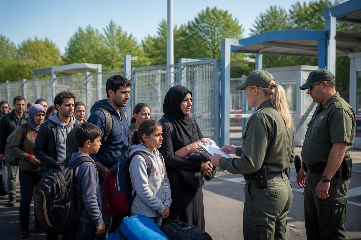 A group of people with backpacks and belongings waiting at a border checkpoint, speaking with uniformed officials.