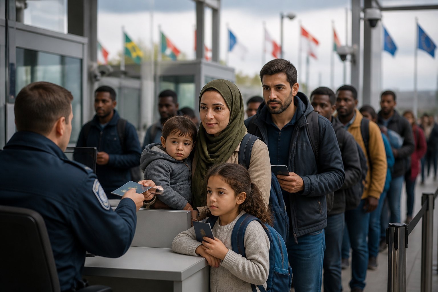 A diverse group of people waiting at a border checkpoint, interacting with border officials while seeking refugee protection.